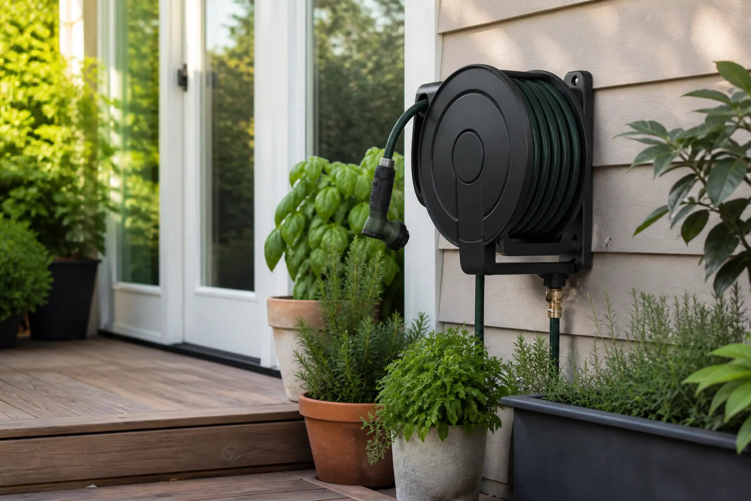 Wall-mounted garden hose reel with neatly coiled hose beside a patio door
