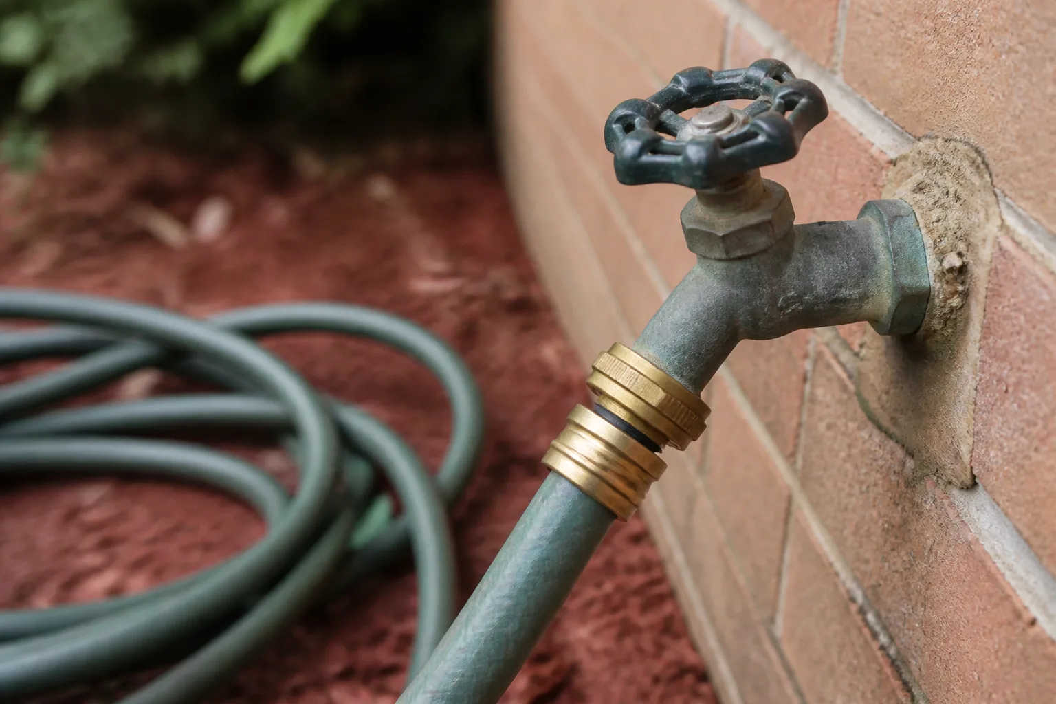 Brass garden hose coupling threaded onto an outdoor spigot with a coiled hose on a patio