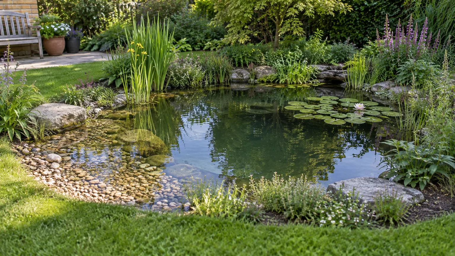 Natural backyard pond with a shallow pebble beach, marginal plants, and a deeper pool