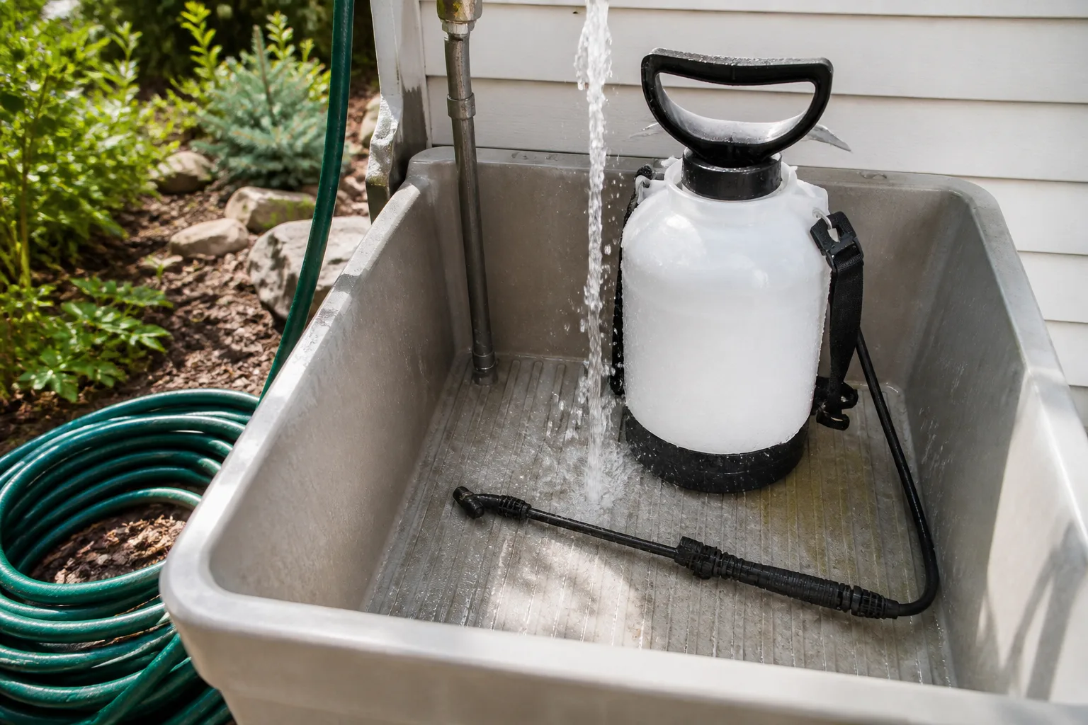 Garden sprayer tank and wand rinsing under clean water at an outdoor utility sink