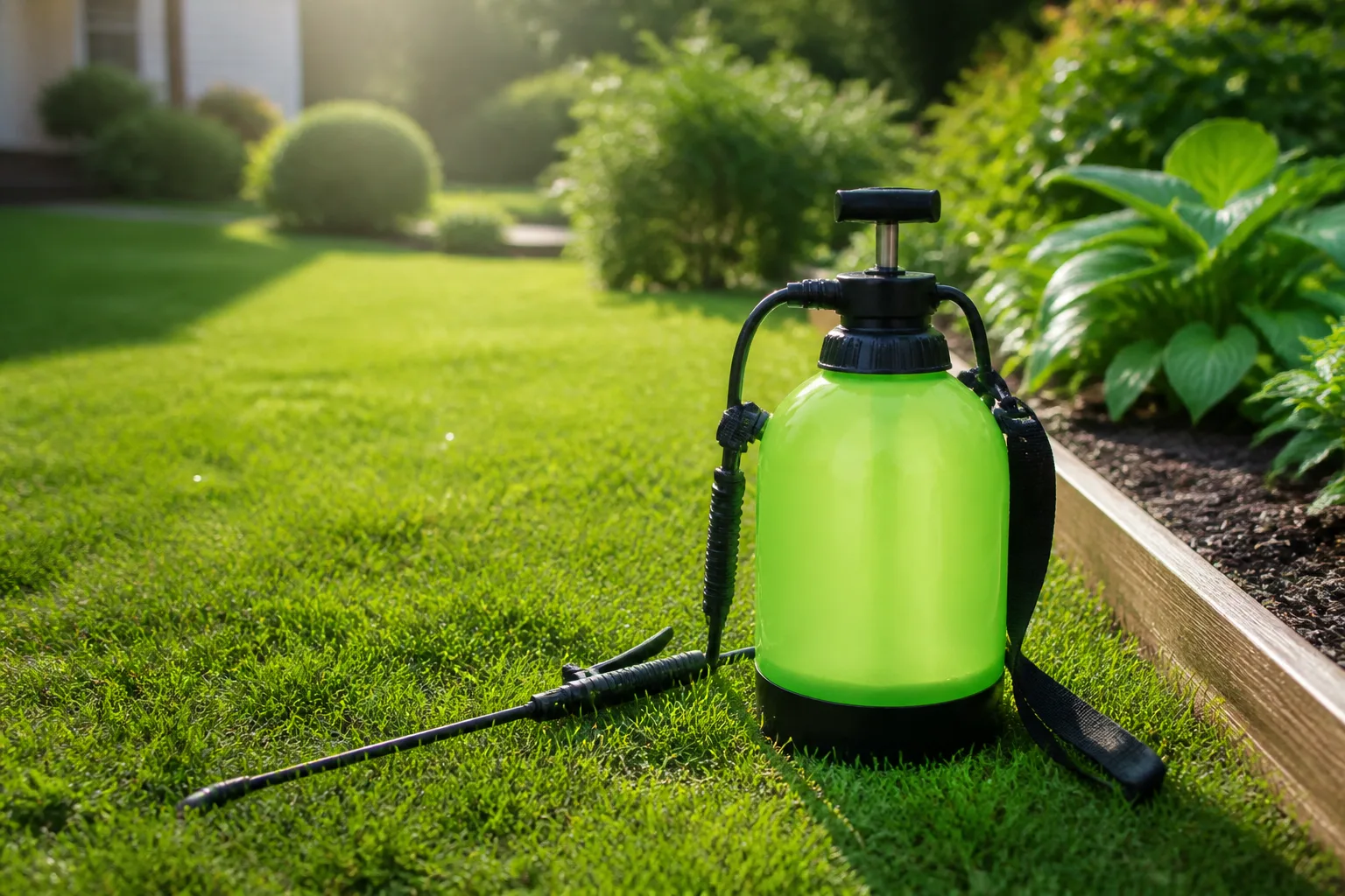 Green 3-gallon manual pump garden sprayer with wand resting on a backyard lawn beside a wooden raised bed