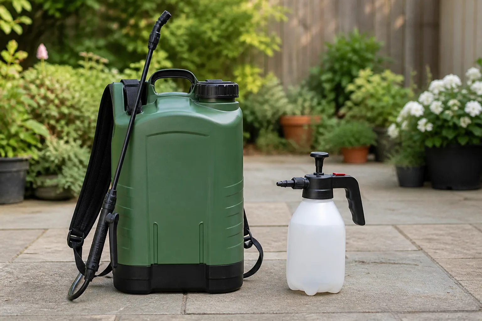 Backpack garden sprayer and small handheld pump sprayer side by side on a patio for size comparison