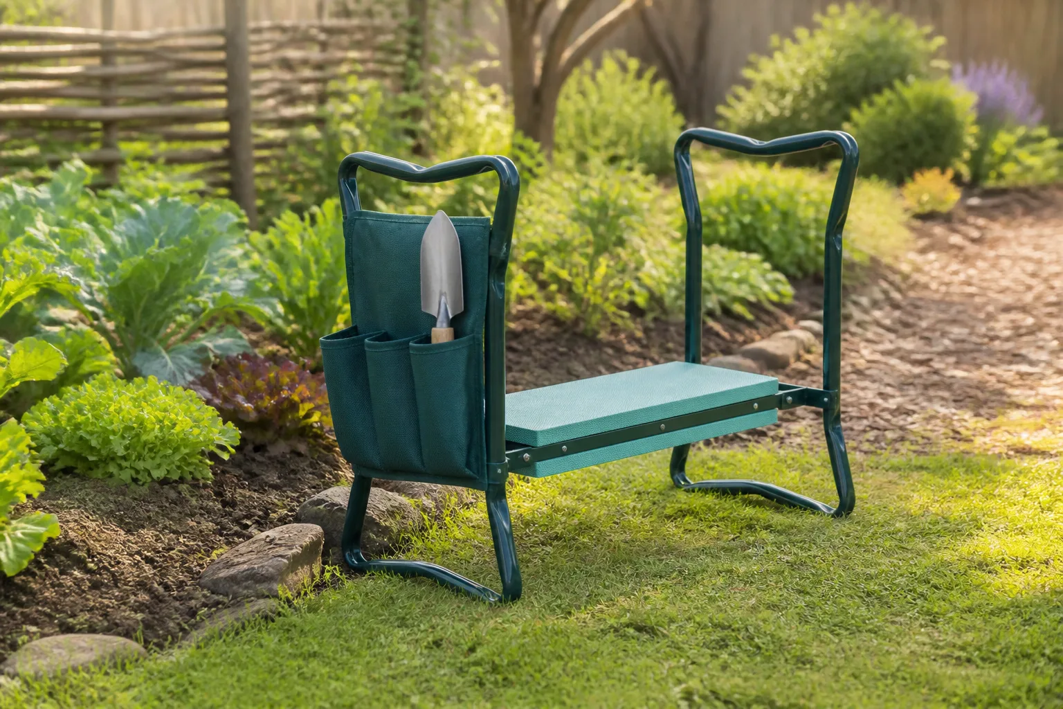 Green fold-and-flip garden kneeler seat with side handles beside a low backyard planting bed for weeding and planting