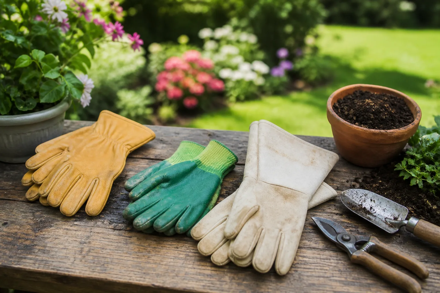 Leather gauntlet, nitrile-coated, and work gloves on a potting bench beside pruning shears and a trowel
