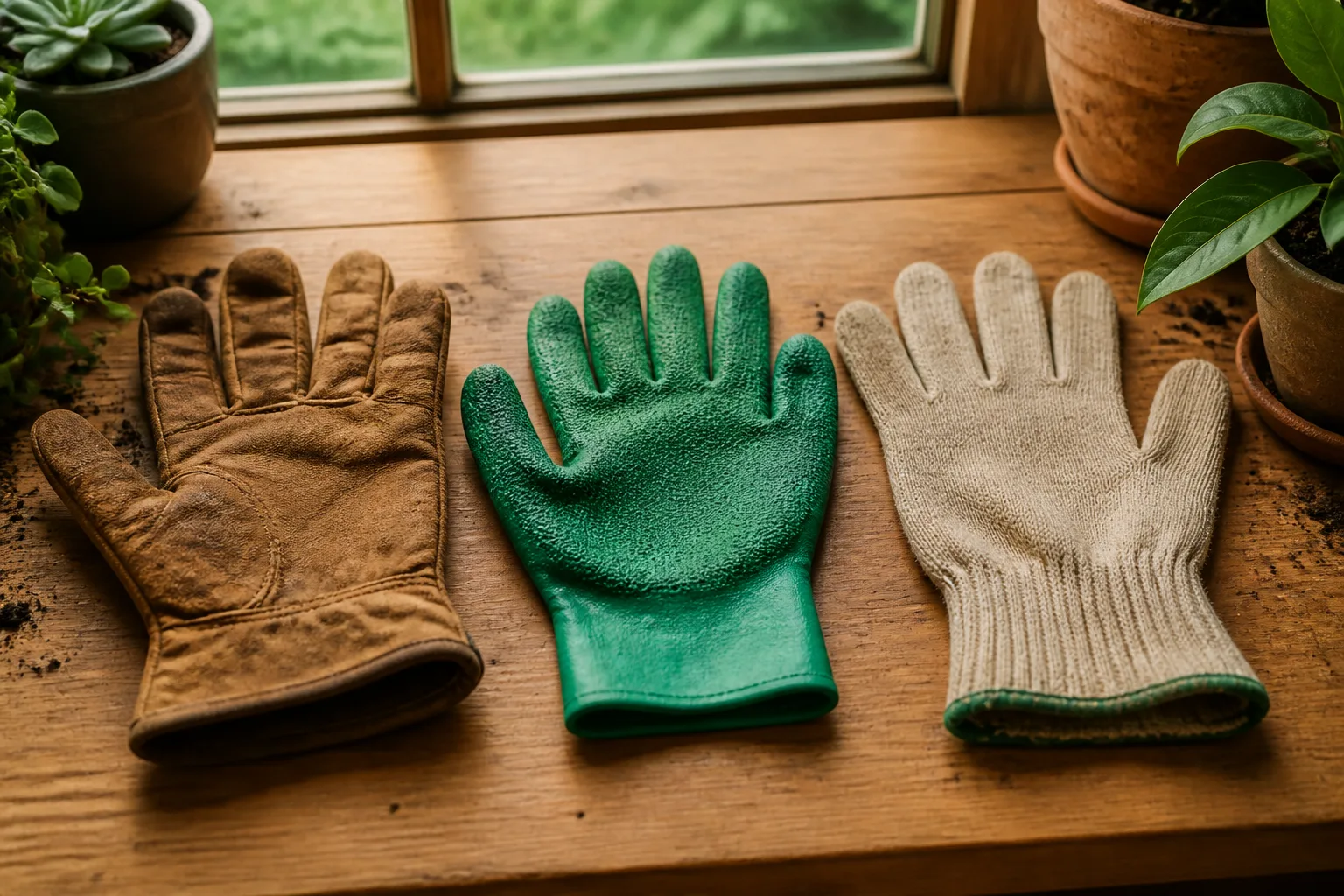 Leather, nitrile-coated, and bamboo knit gardening gloves side by side on a potting bench showing material differences
