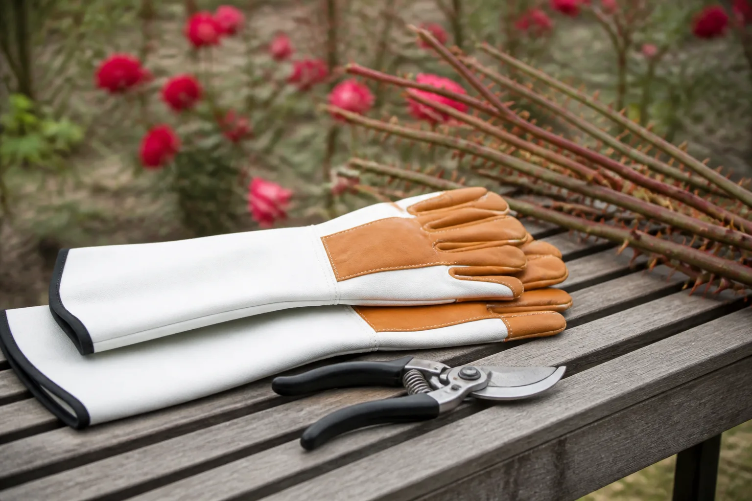 Leather gauntlet gardening gloves beside rose canes on a potting bench