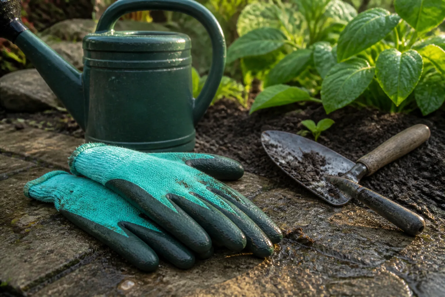 Teal rubber-coated knit gardening gloves beside a watering can and damp vegetable garden soil