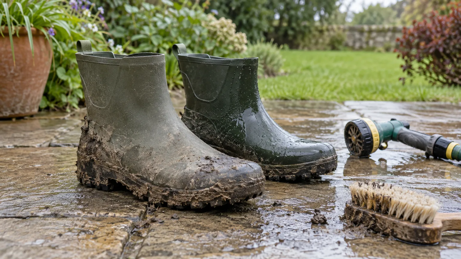 Unbranded rubber garden boots beside a soft brush and hose nozzle on a wet stone patio