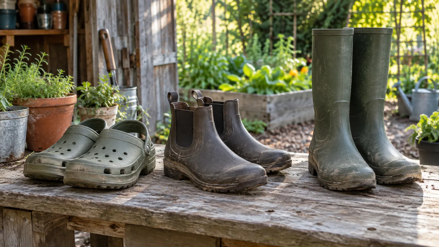 Unbranded garden clogs, ankle boots, and tall rubber boots arranged beside a raised garden bed