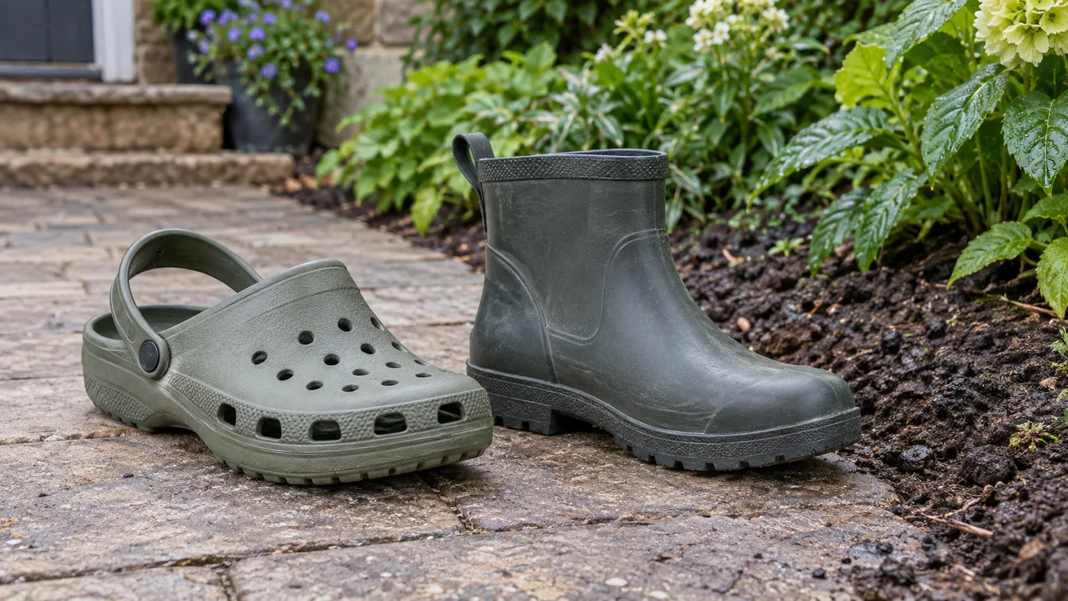 A ventilated garden clog and a closed rubber ankle boot beside a garden bed