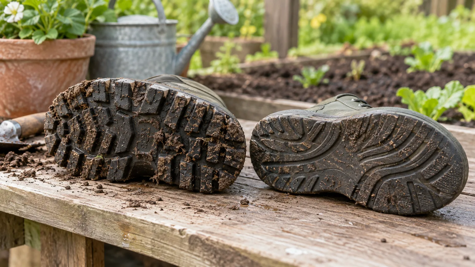 Two unbranded garden shoe soles with different tread depths, one holding damp soil in its grooves