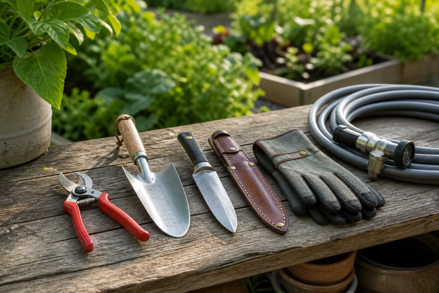 Bypass pruners, stainless trowel, hori hori knife, gardening gloves, and coiled hose arranged on a wooden potting bench in a backyard garden