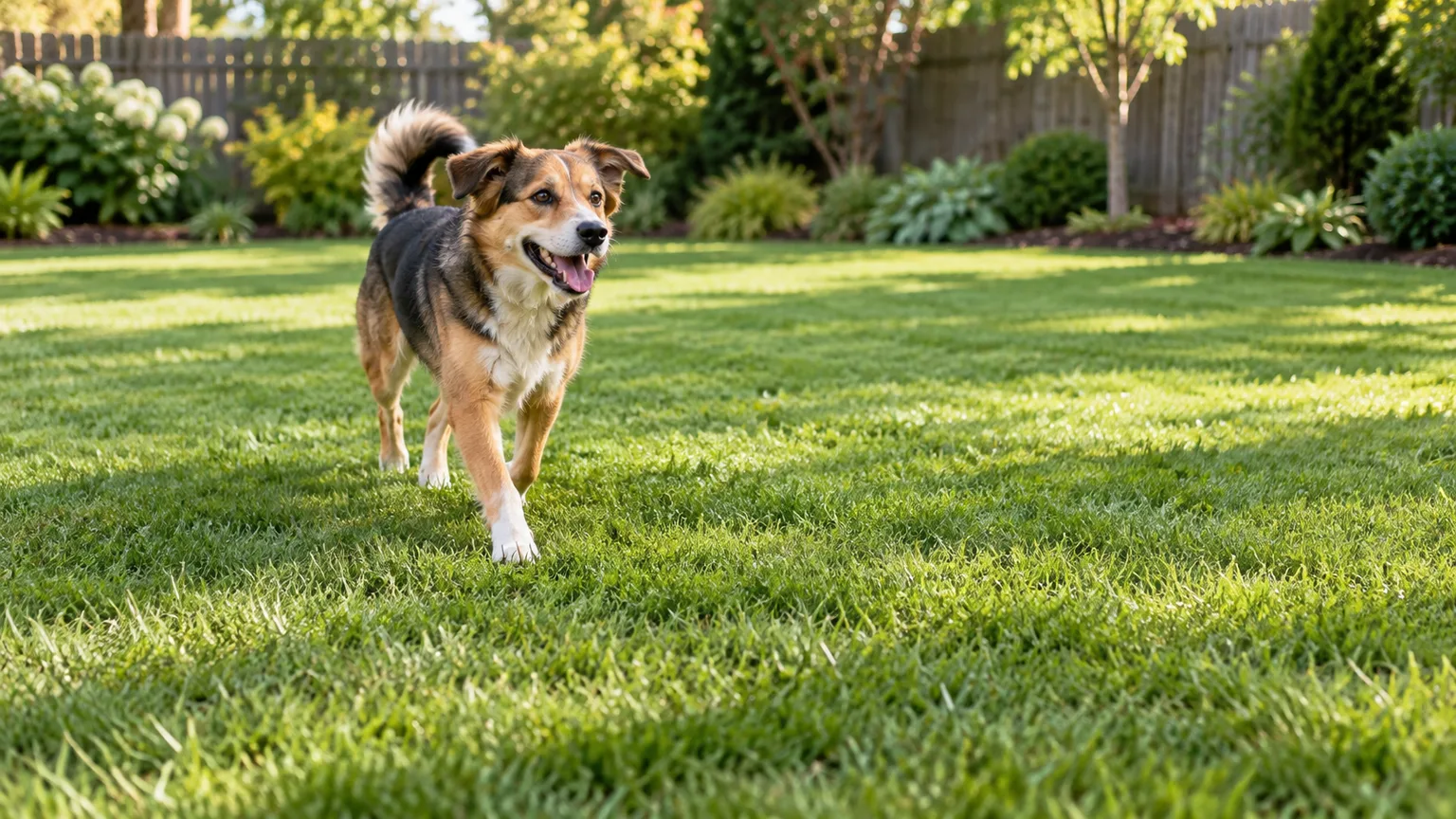 A medium-sized dog trotting across a healthy, closely mowed backyard lawn