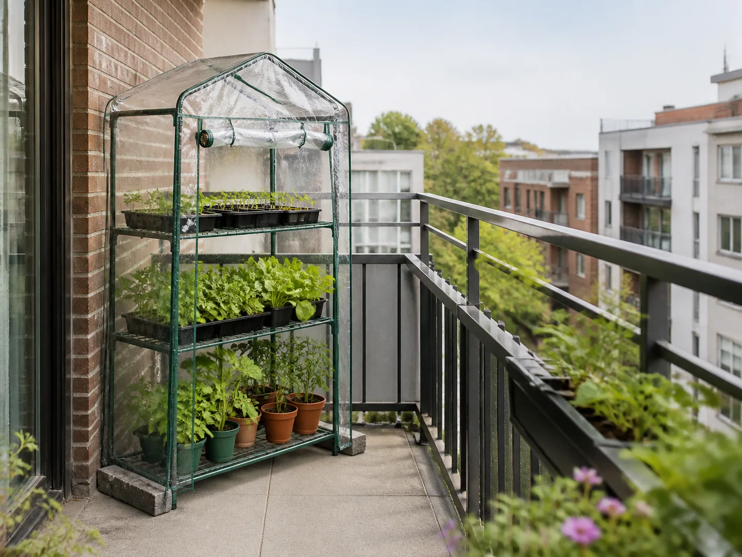 Compact walk-in greenhouse on a small apartment balcony with shelves of seedlings and herbs