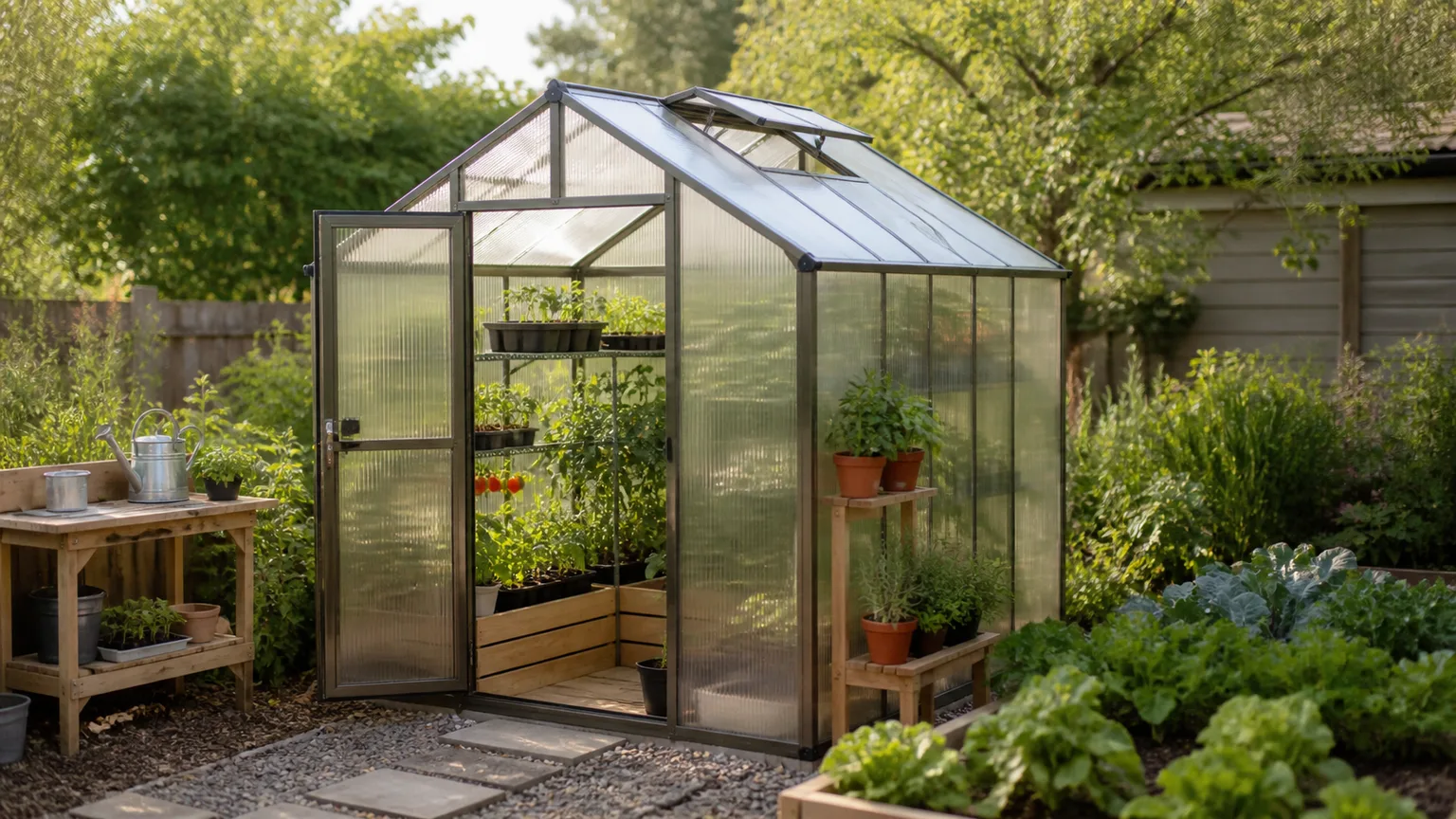 Backyard polycarbonate greenhouse with seedling trays, herbs, and vegetables in a residential garden