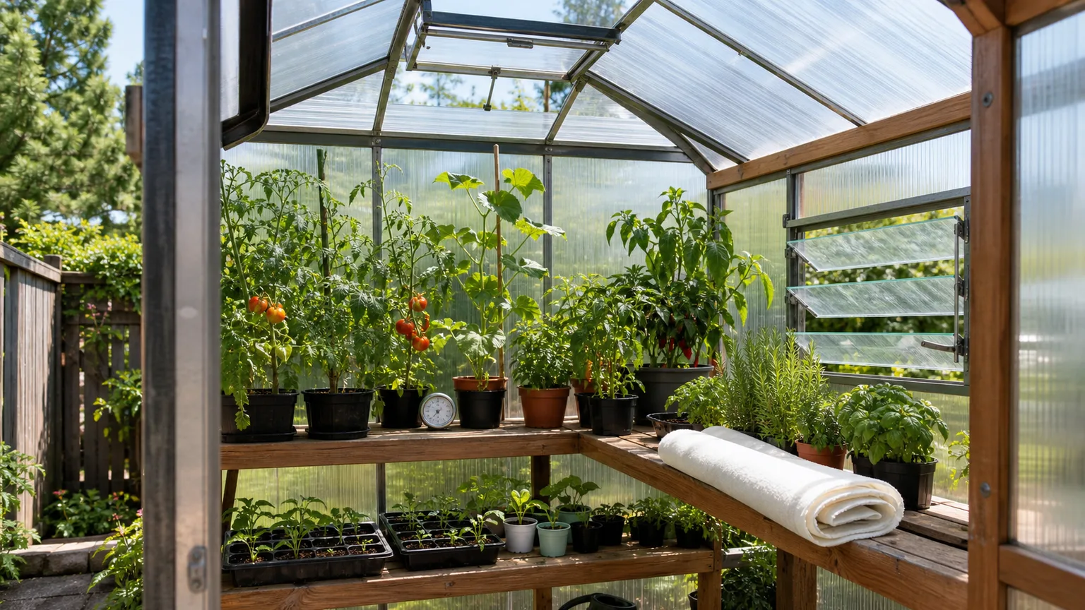Open roof and side vents inside a small greenhouse with spaced tomato, pepper, herb, and seedling plants