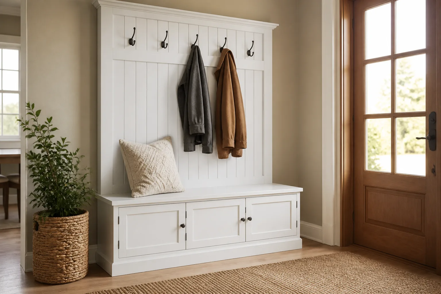 Farmhouse hall tree with beadboard bench and concealed shoe storage in a welcoming entryway