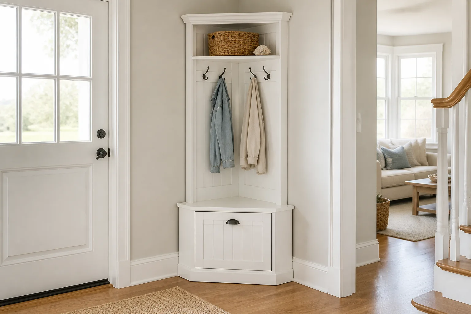 White corner hall tree with coat hooks and storage tucked into a foyer corner