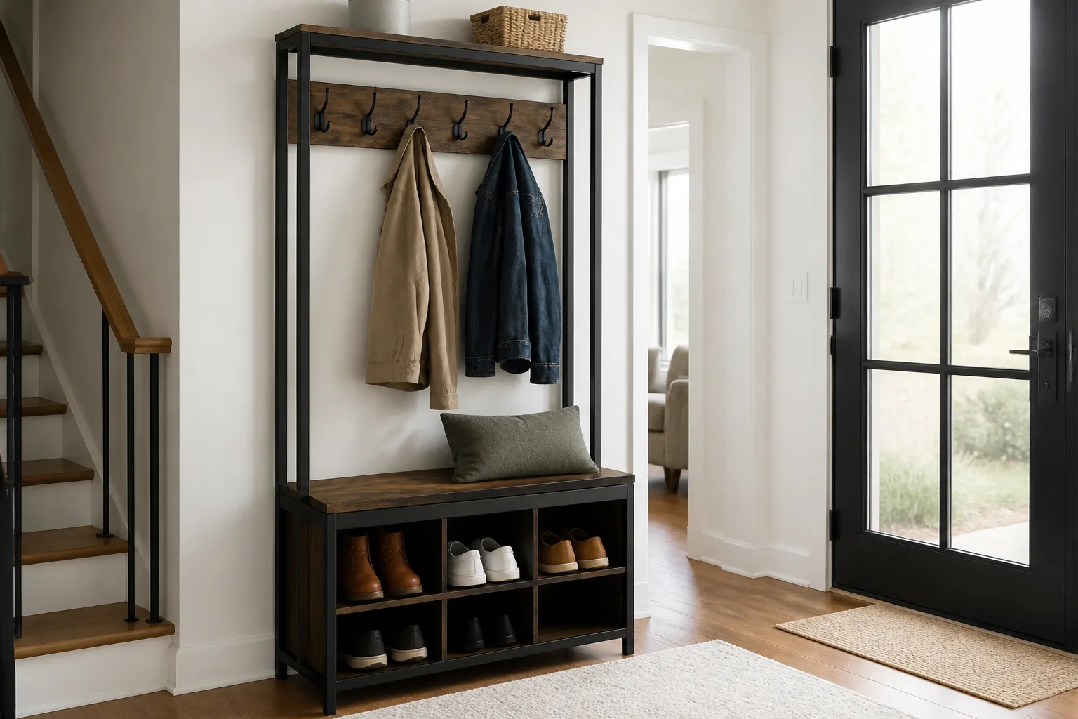 Industrial-style hall tree with coat hooks, bench, and shoe cubbies in a bright residential entryway