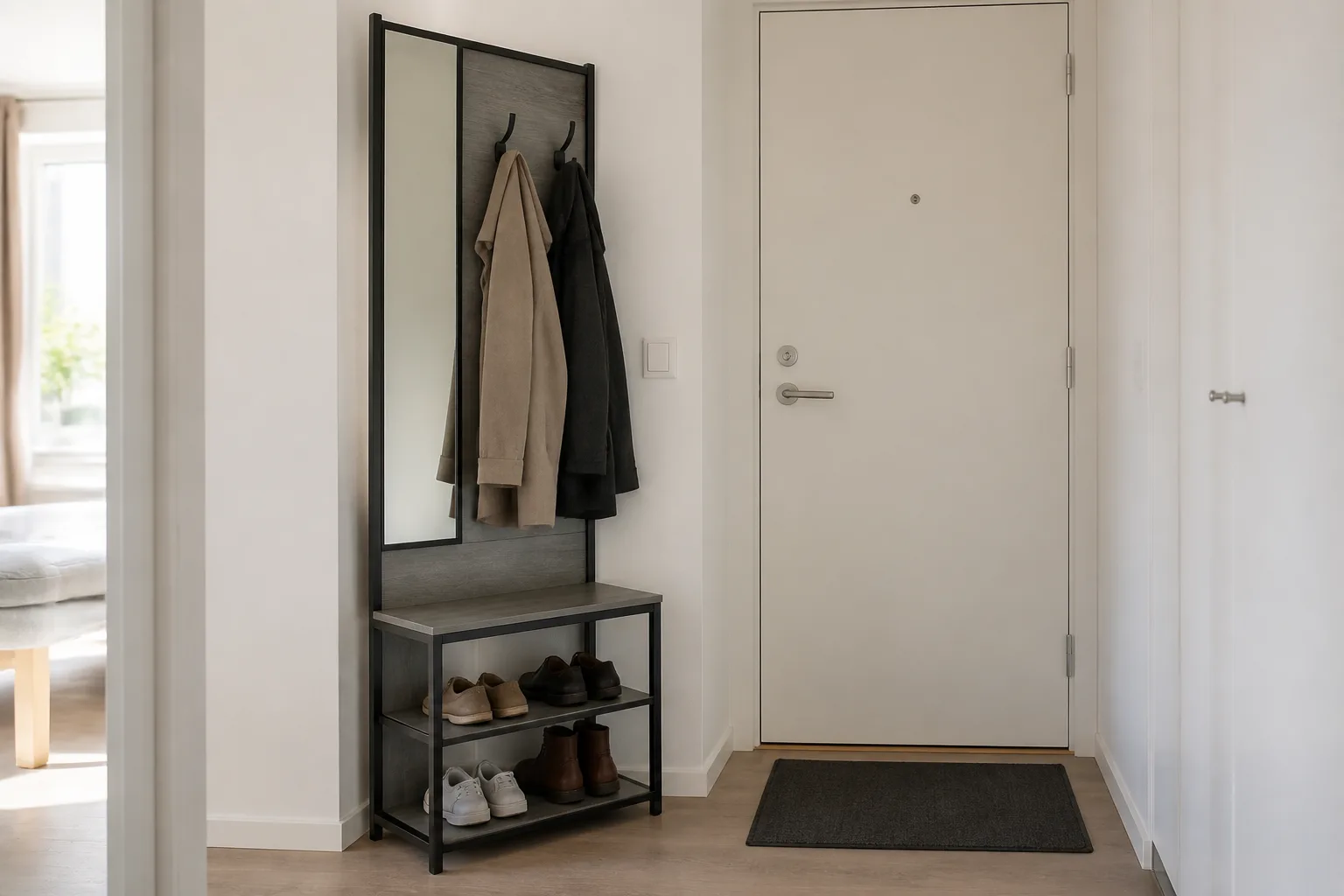 Slim hall tree with mirror in a narrow apartment entryway leaving clear walkway space