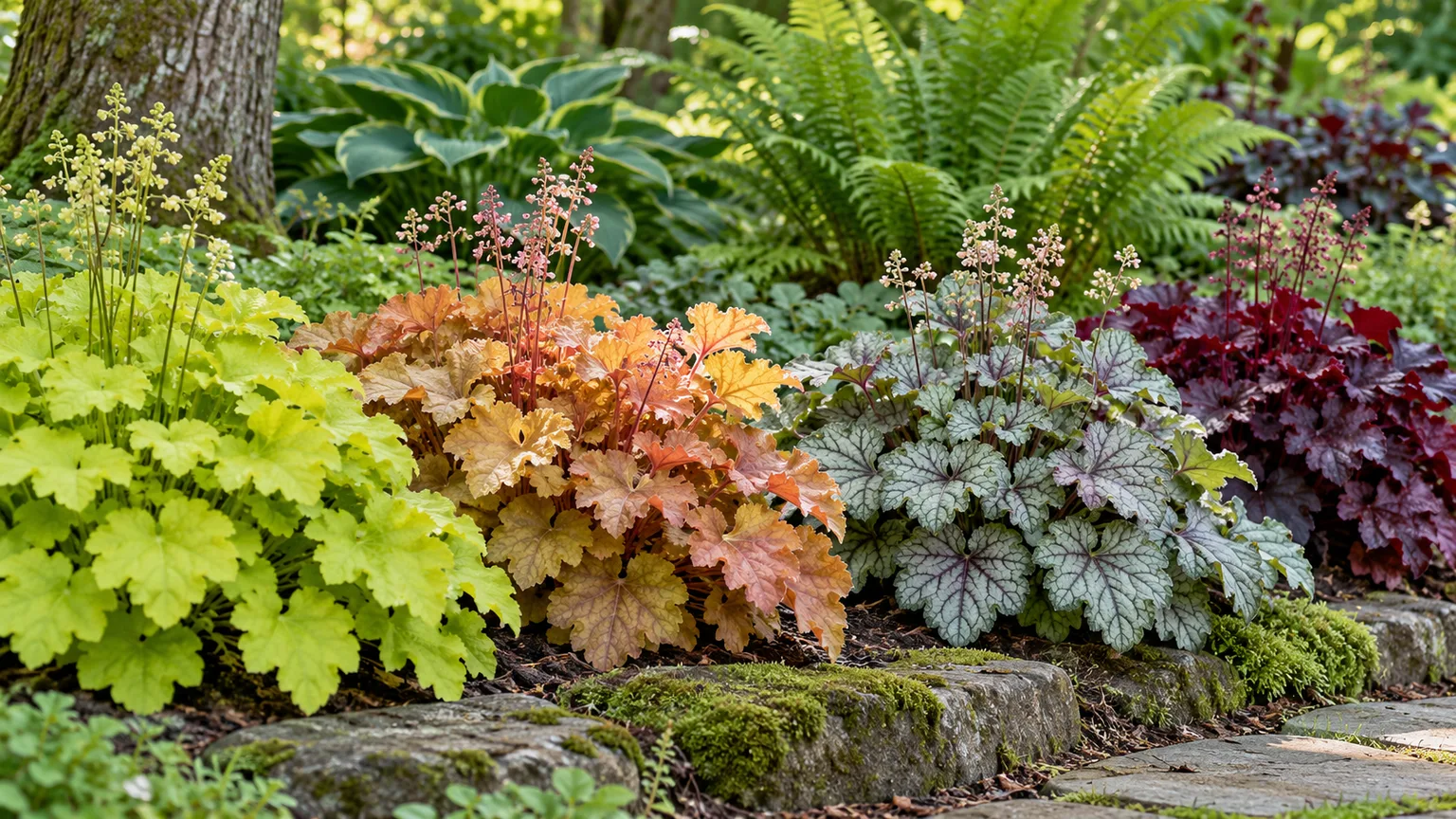 Chartreuse, caramel, silver-veined, and burgundy Heuchera clumps growing along a shaded garden border