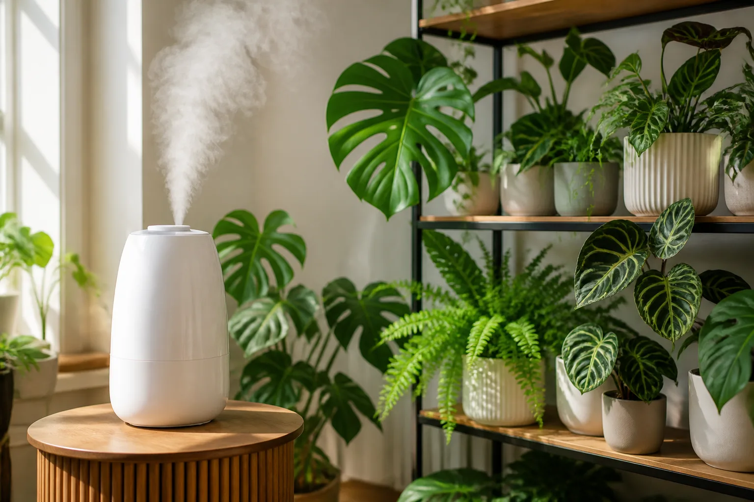 Cool-mist humidifier on a side table beside a shelf of tropical houseplants in a bright indoor room
