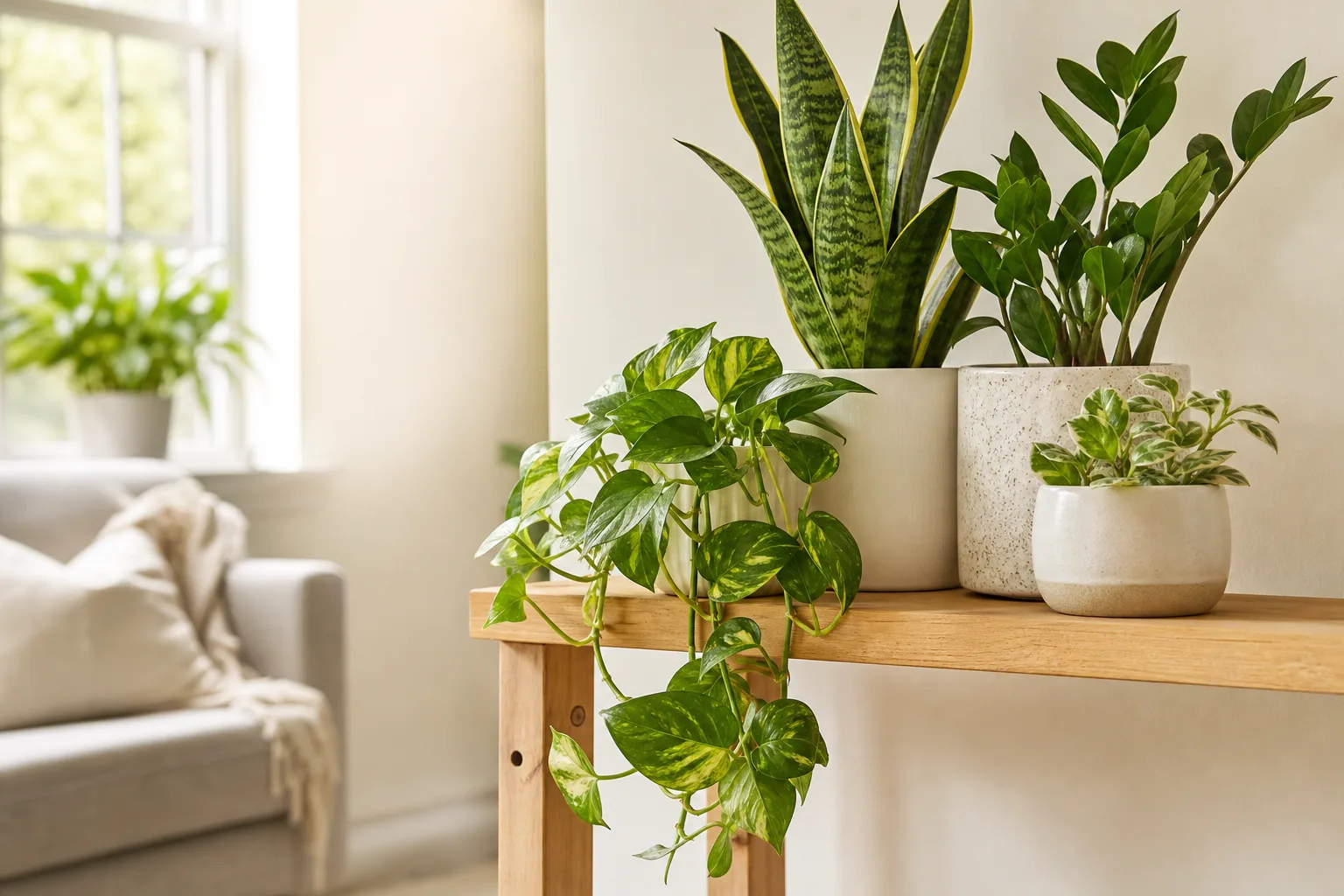 A collection of easy-care indoor plants including snake plant, pothos, and ZZ plant on a shelf