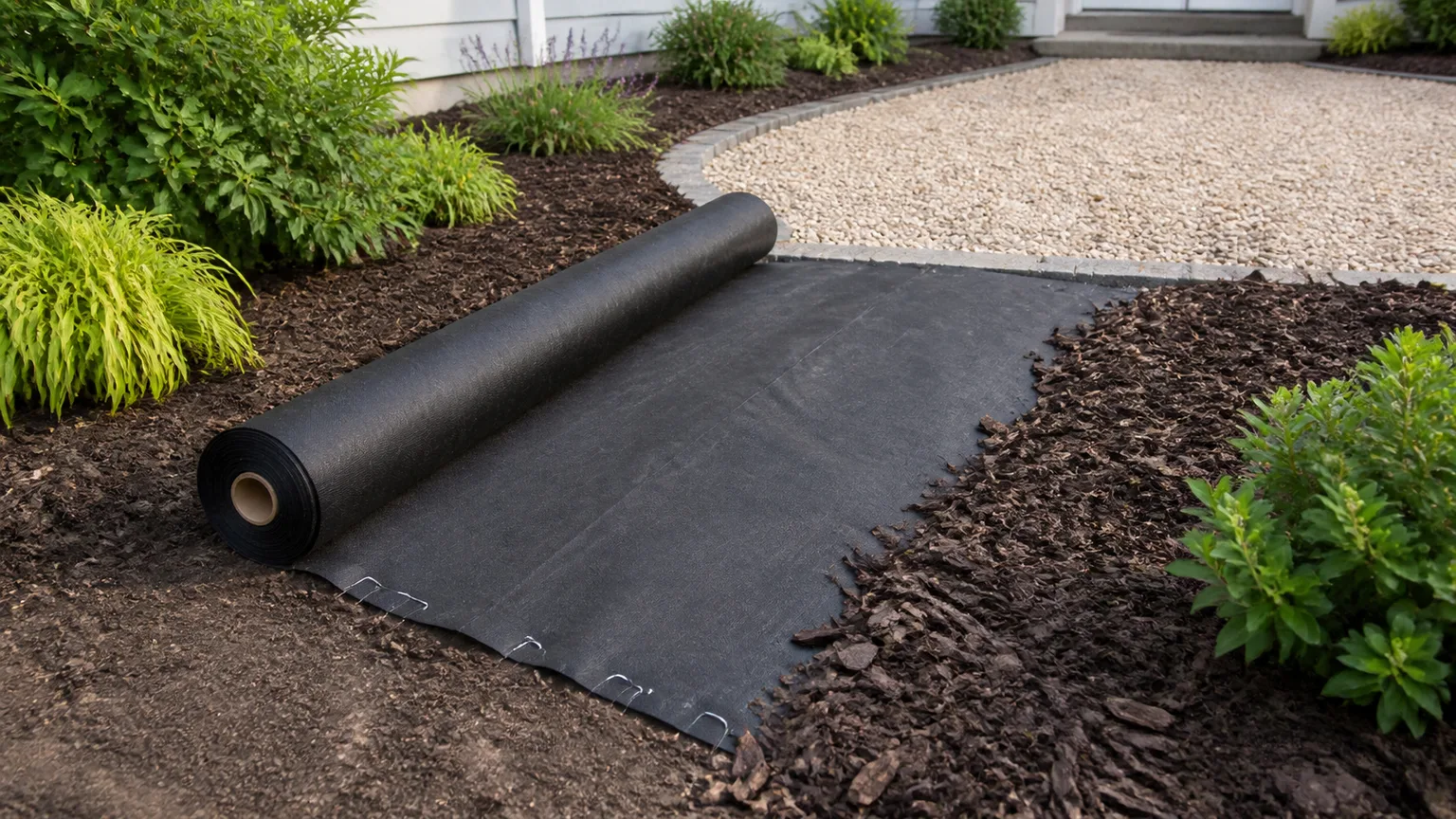 Landscape fabric roll laid across a prepared garden bed beside mulch and a gravel path