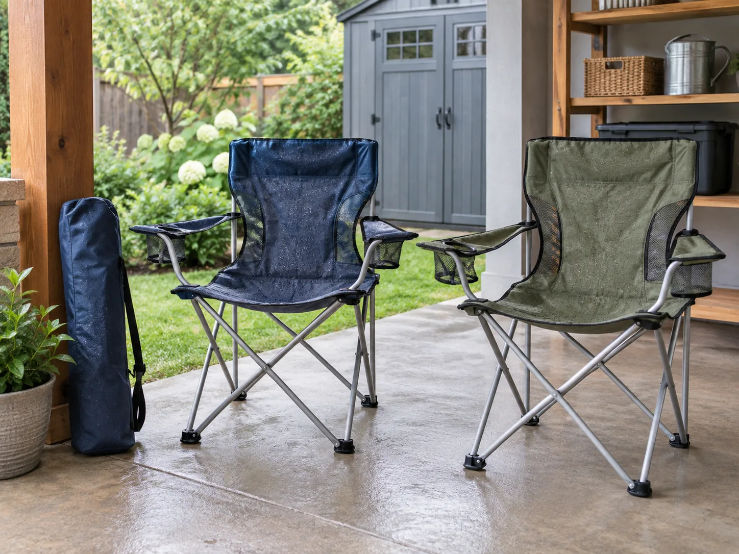 Folding lawn chairs drying under a covered patio before storage
