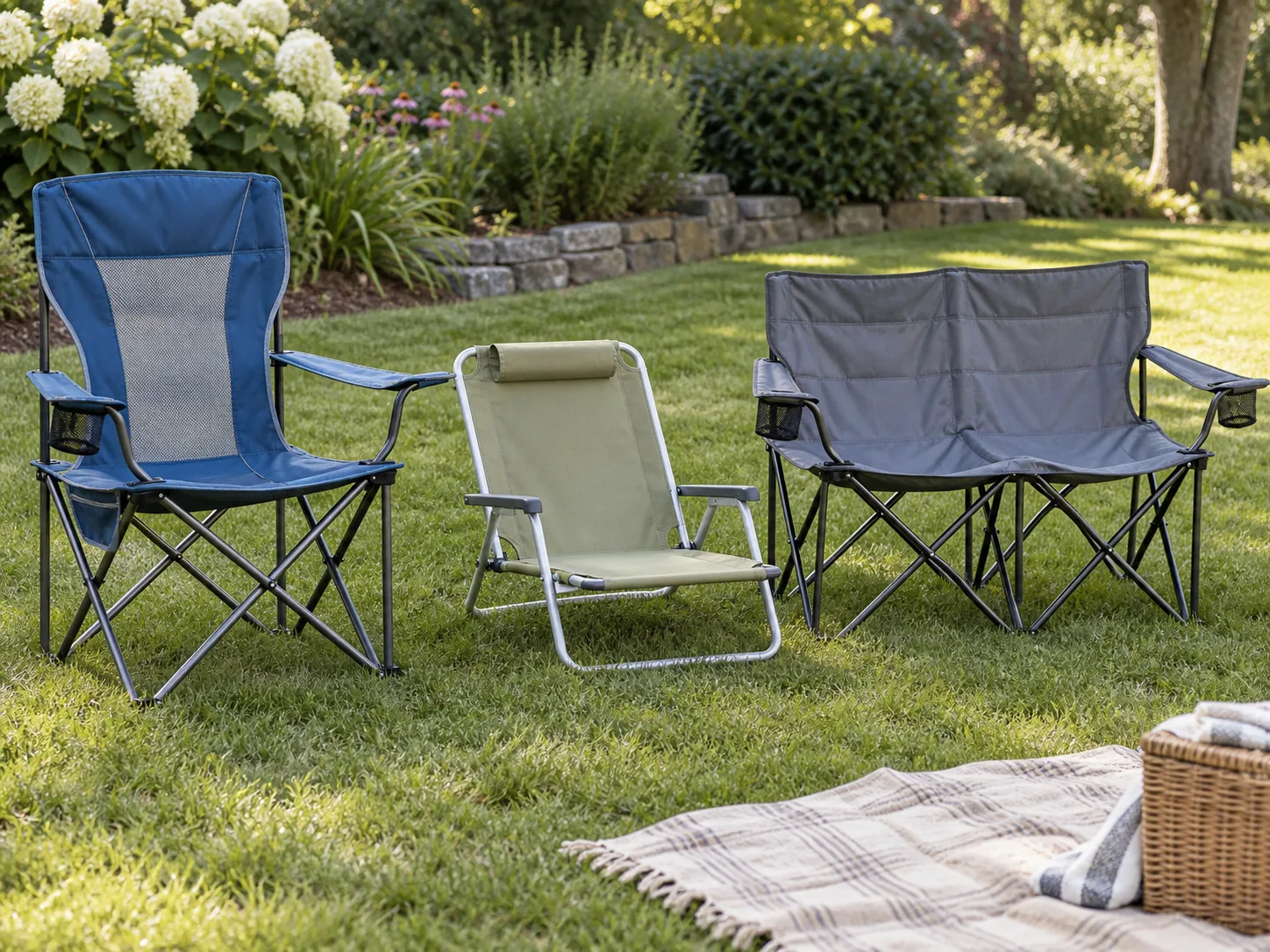 Three portable folding lawn chair styles arranged on a backyard lawn