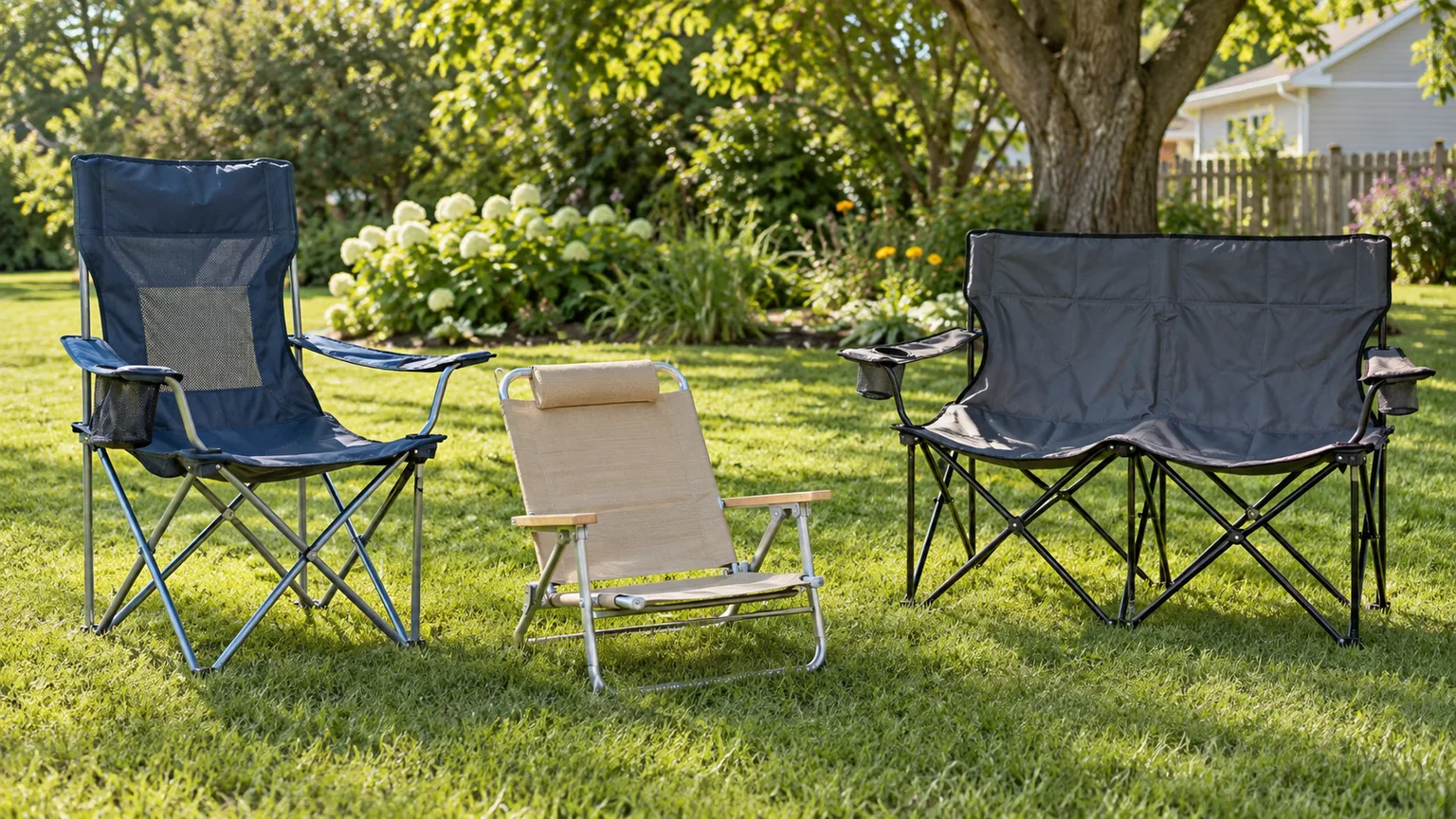 Three portable folding lawn chairs on a sunny backyard lawn
