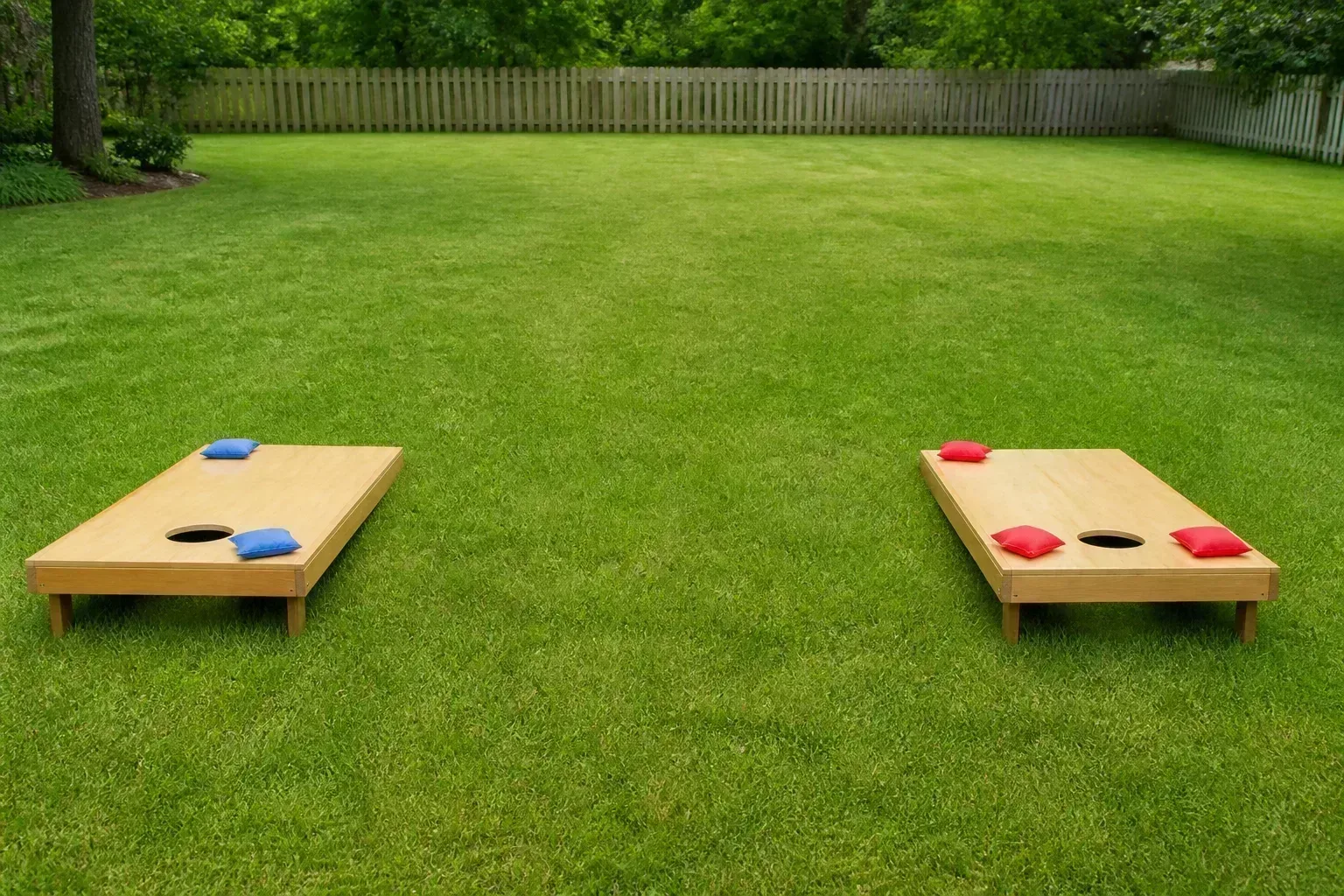Portable cornhole boards spaced on a flat green lawn with red and blue bean bags resting on angled wooden boards