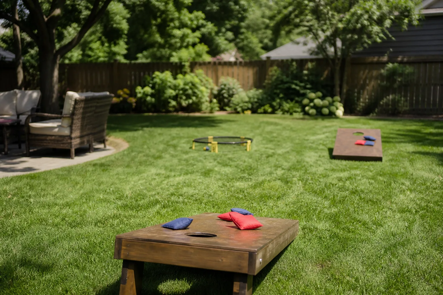 Portable cornhole boards and Spikeball net set up on a lush green suburban backyard lawn on a sunny summer afternoon