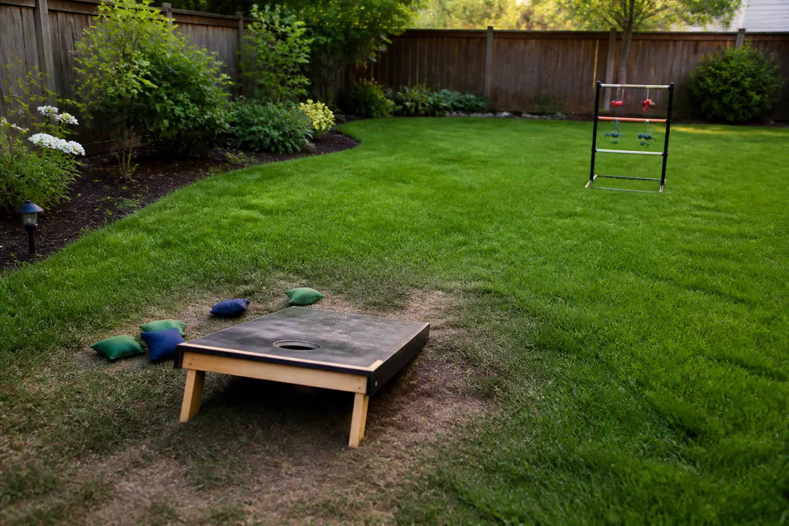Healthy backyard lawn with cornhole in one play zone and ladder toss in a second zone to rotate yard game traffic