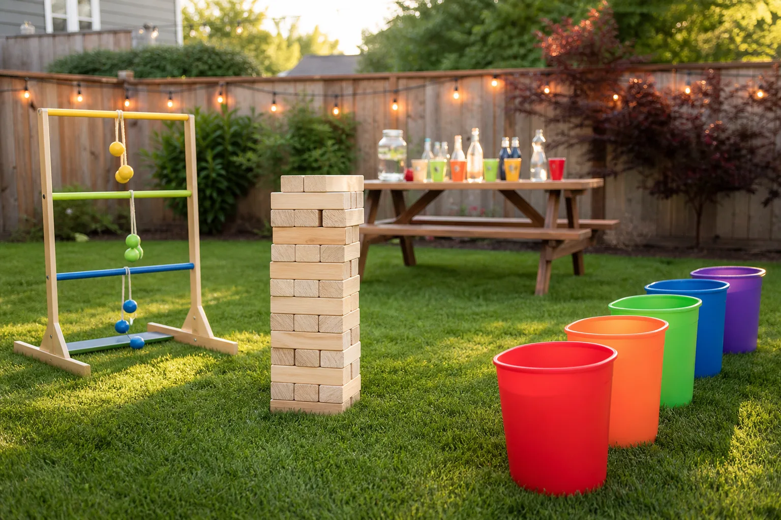Backyard summer party with giant Jenga, ladder toss, and yard pong bucket stations spread across a green lawn