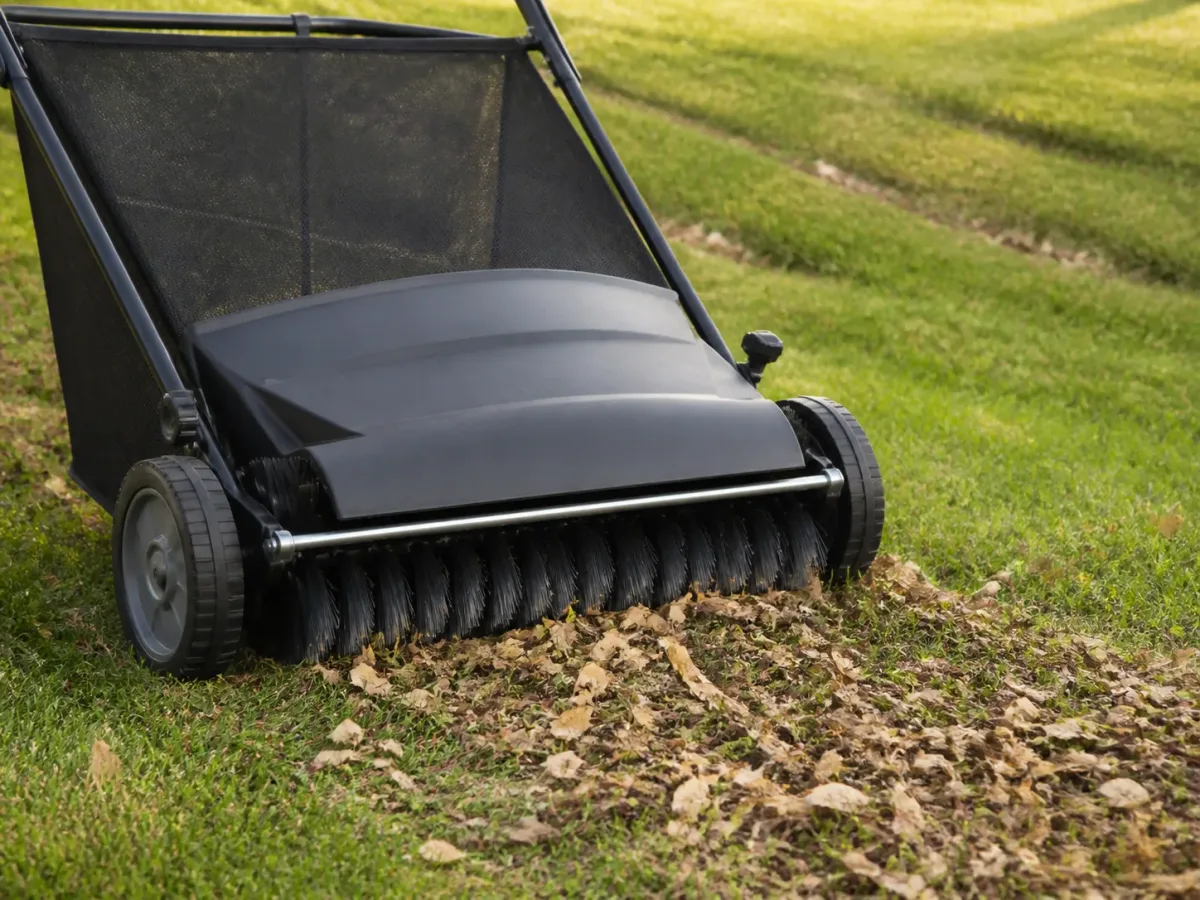 Lawn sweeper brushes contacting dry leaves on uneven grass