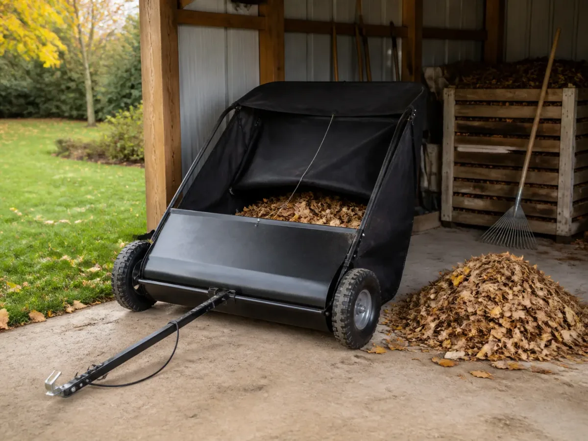 Lawn sweeper with an open hopper beside a leaf pile in covered storage