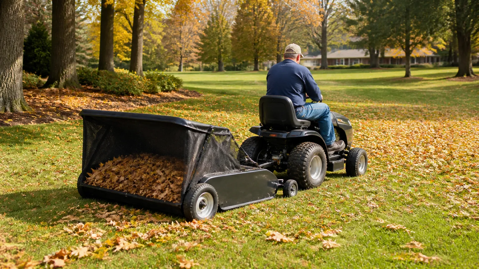 Tow-behind lawn sweeper collecting autumn leaves across a residential lawn