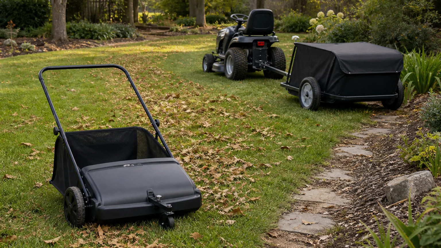 Push and tow-behind lawn sweepers shown in a residential yard