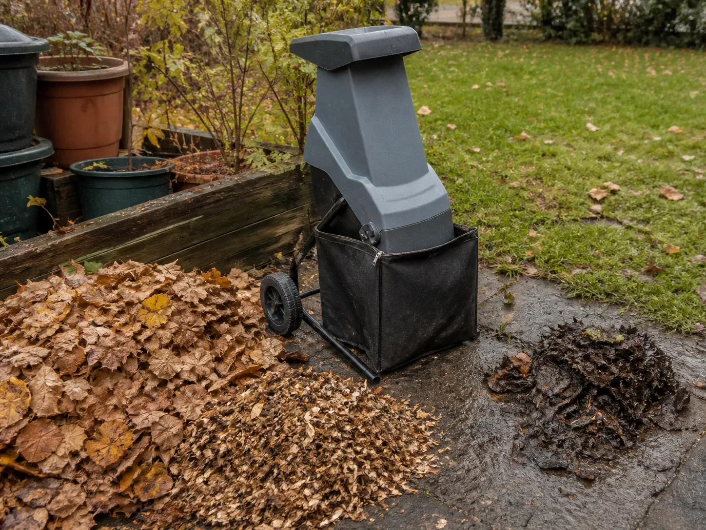 A leaf mulcher beside crisp dry leaves, fine shredded output, and a separate pile of wet matted leaves