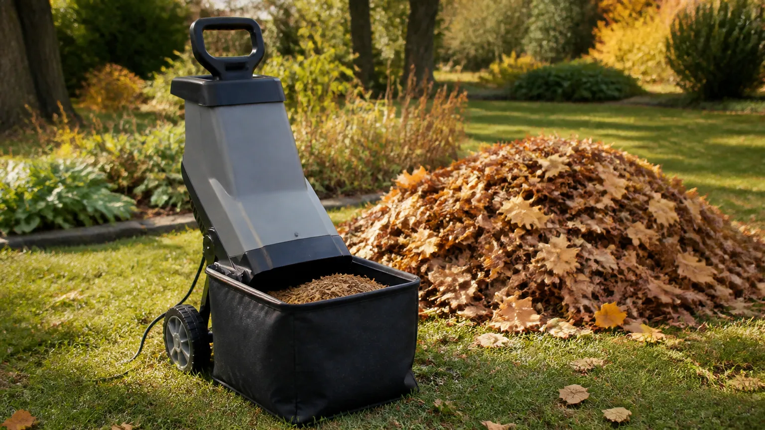 Freestanding leaf mulcher processing a pile of autumn leaves into fine mulch in a garden yard
