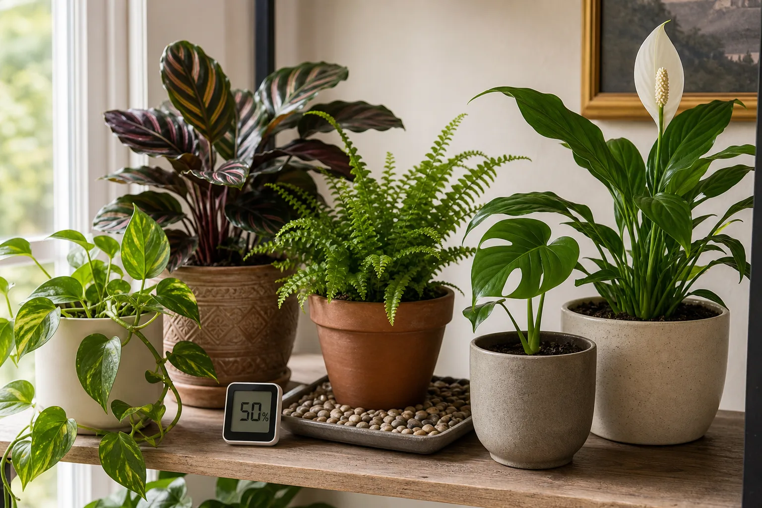 Grouped tropical houseplants on a shelf with hygrometer and pebble tray during a multi-method humidity test