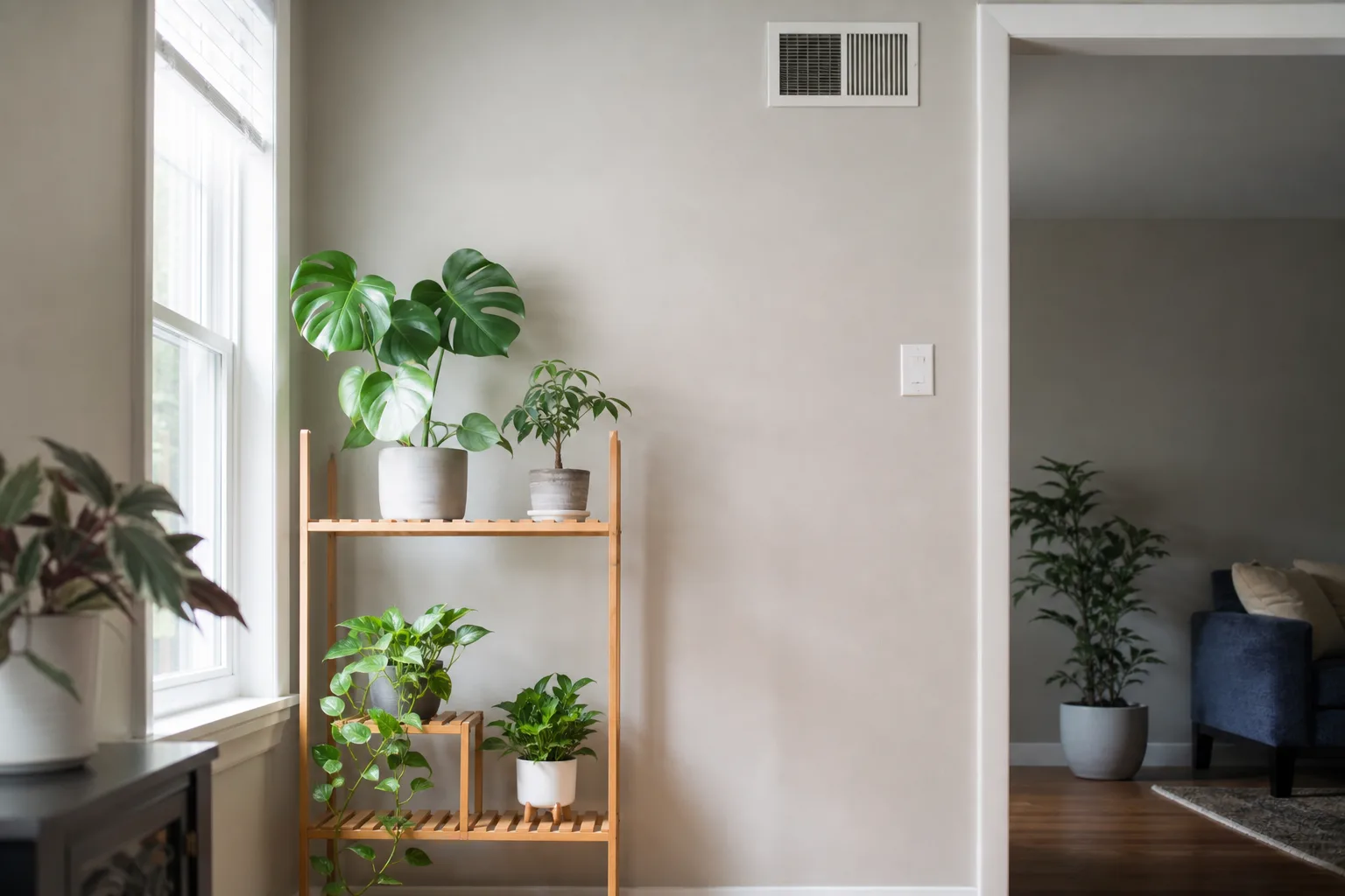 Houseplant shelf positioned away from HVAC vent to reduce dry-air stress