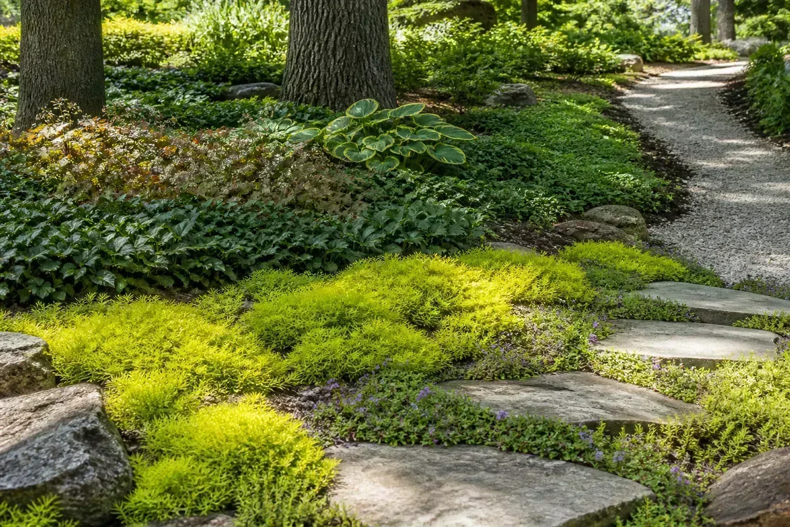 Hero illustrating 33 low-maintenance ground cover plants for sun and shade