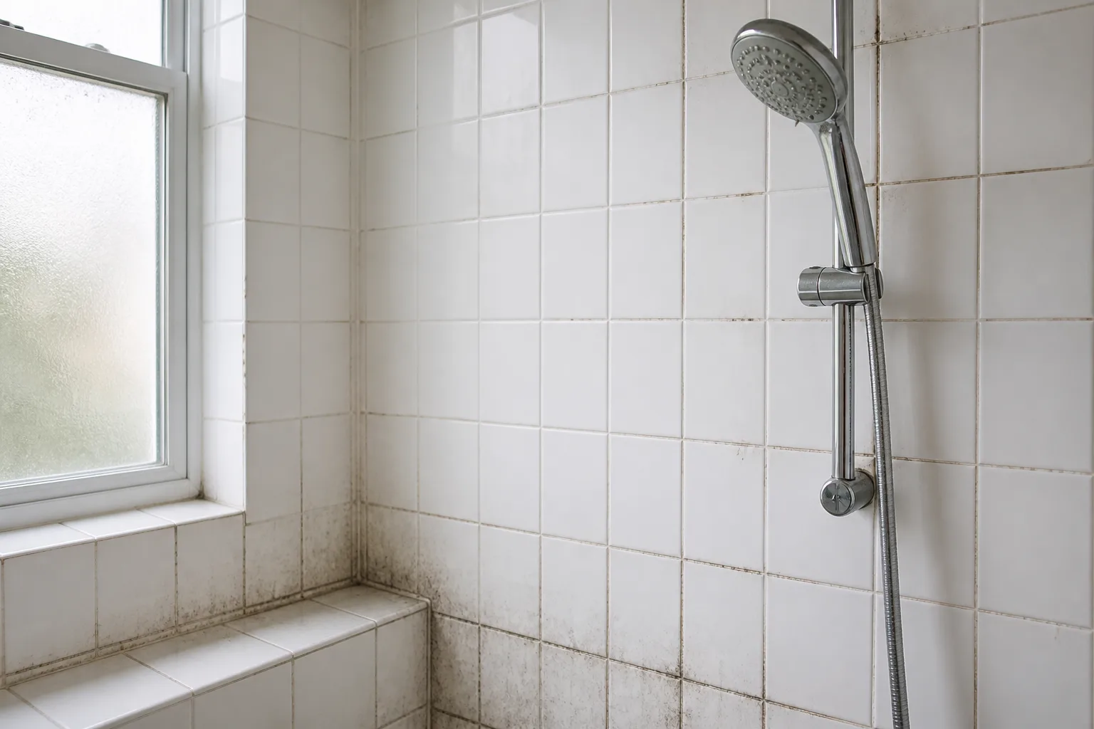 Gray mildew staining along grout lines on white ceramic shower wall tiles