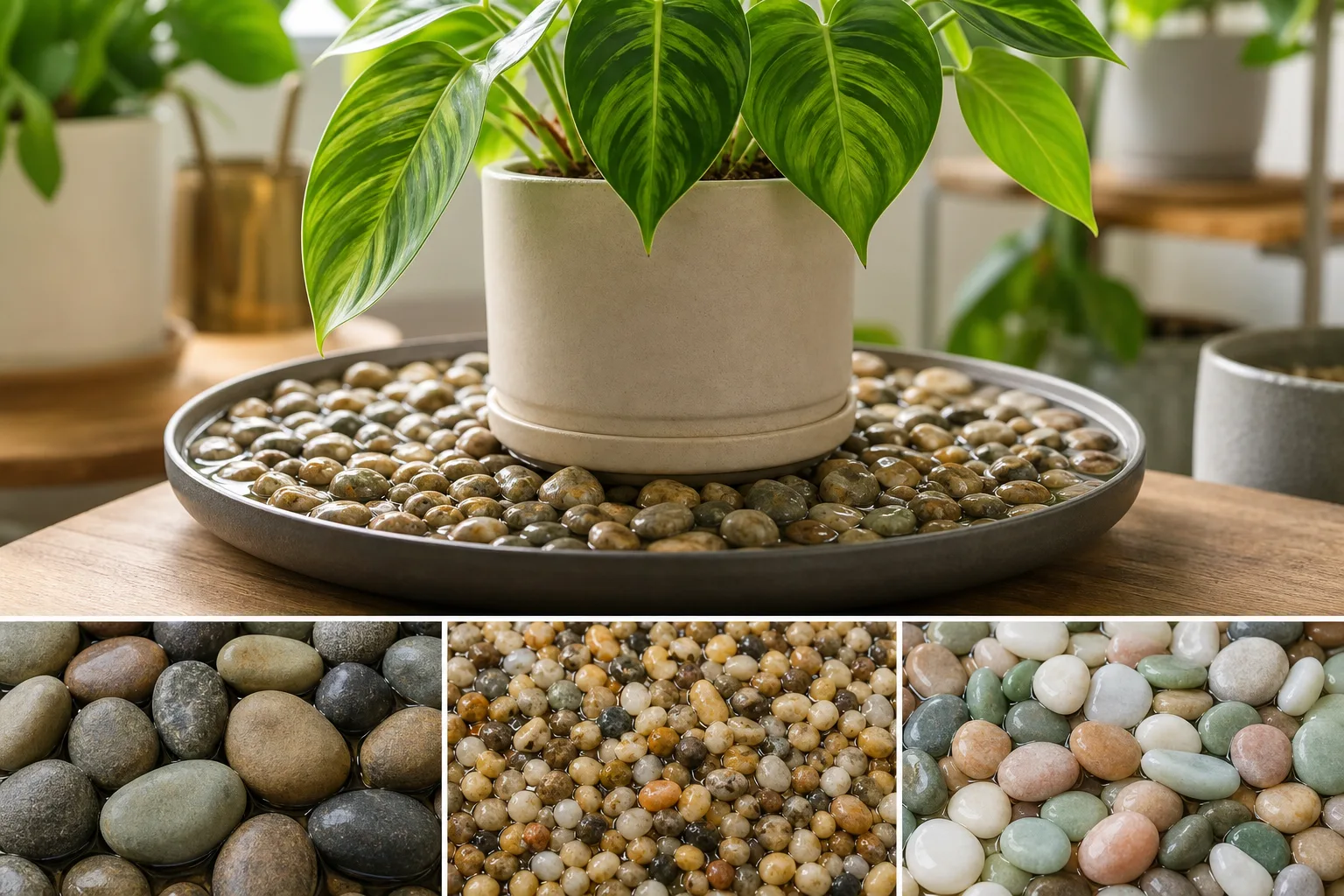 Three pebble types-pea gravel, river pebbles, and clay LECA-beside a shallow DIY humidity tray