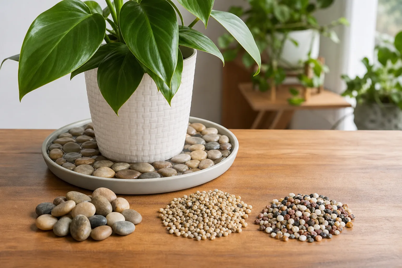 Smooth river pebbles in a shallow humidity tray on an open shelf