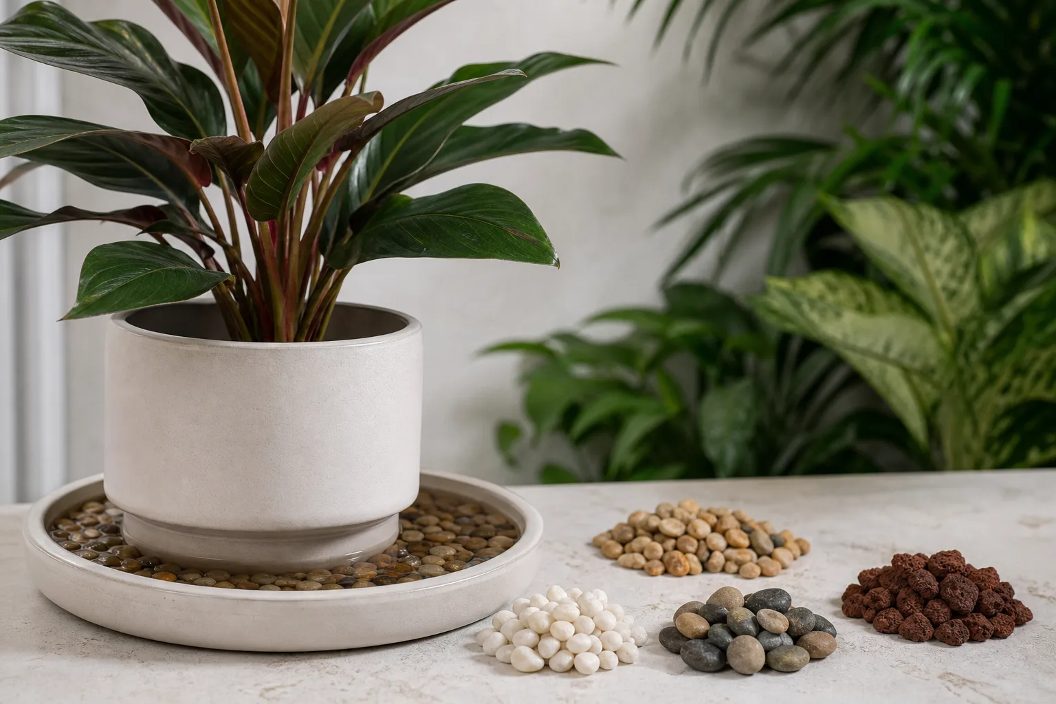 Measuring pebble depth and tray width for a 6-inch houseplant pot