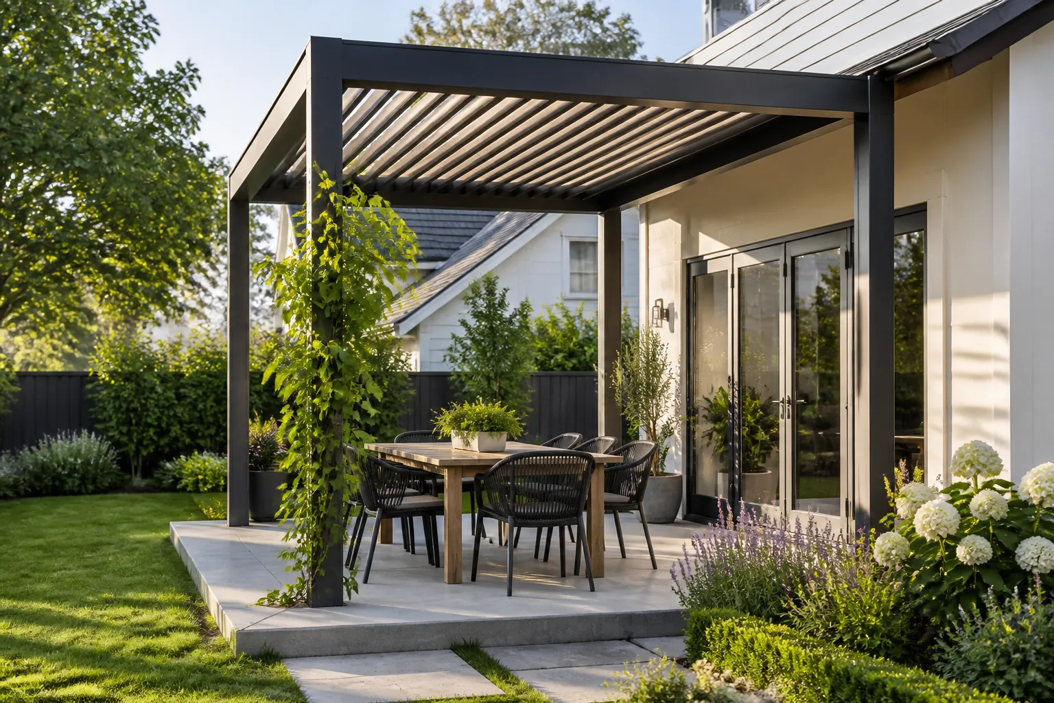 Modern louvered pergola shading a patio dining set in a landscaped backyard