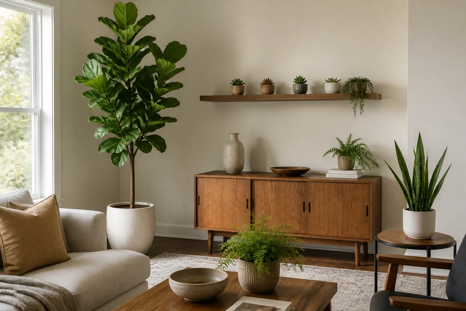 Modern living room styled with realistic artificial fiddle leaf fig, snake plant, and shelf succulents